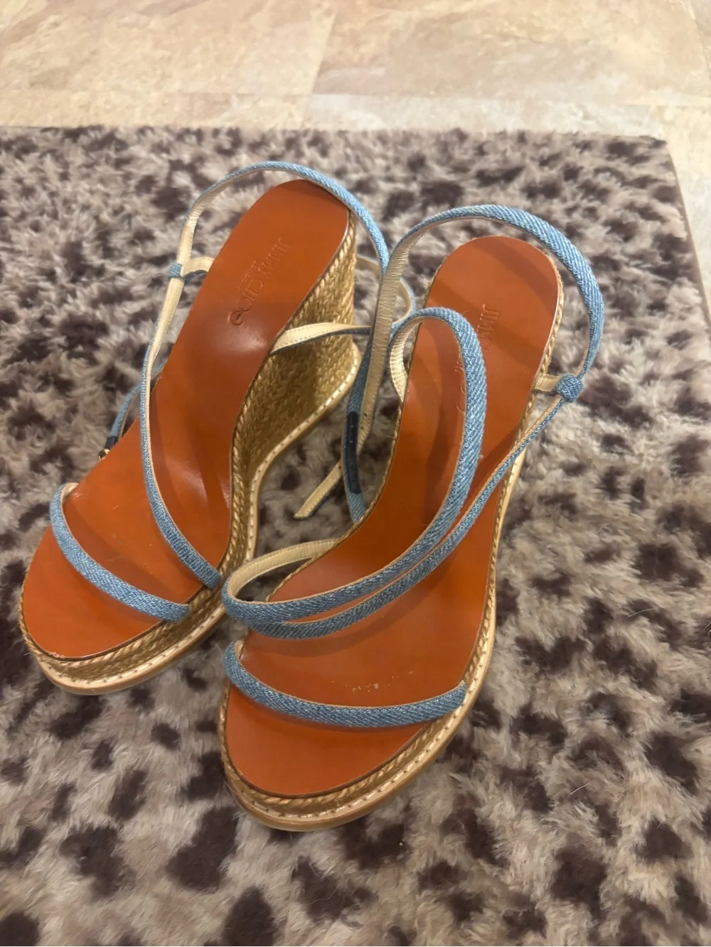 Jimmy Choo Denim Blue Strappy Wedge Sandal with Pink Insole